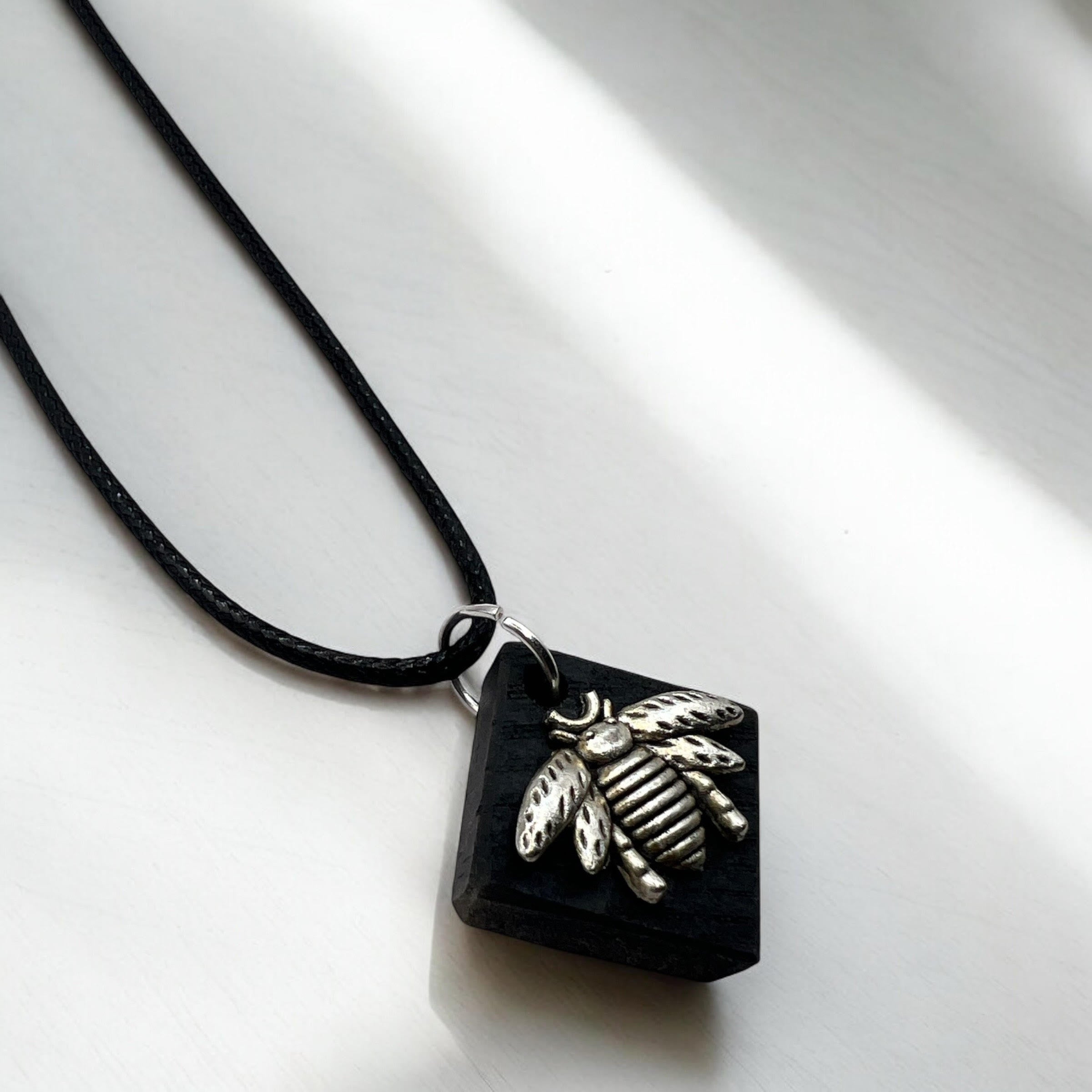 Square Wood Necklace With Bee Charm 18" Adjustable Necklace