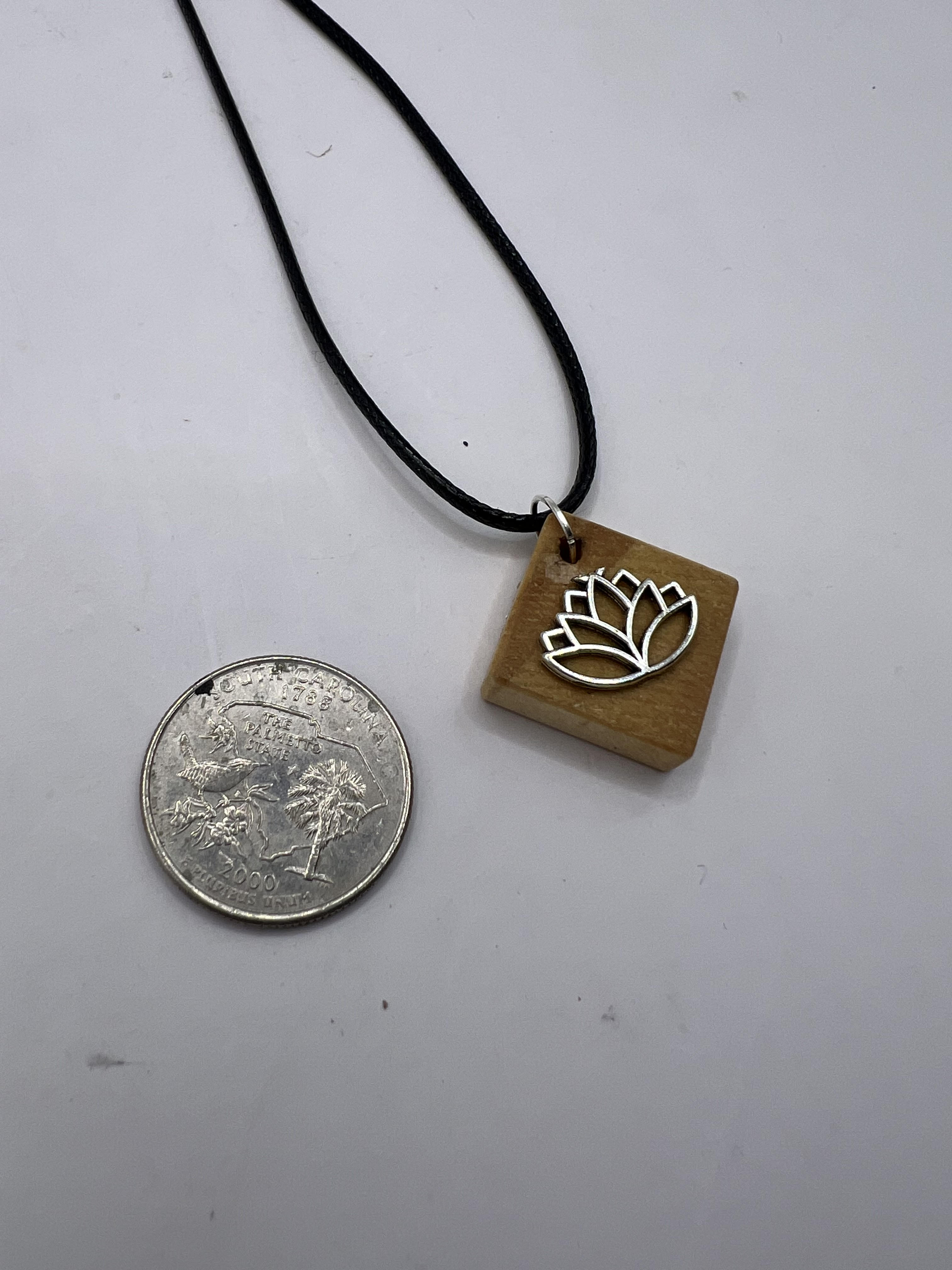 Square Wood Necklace with Lotus Flower Stainless Steel Charm 18" Adjustable Necklace