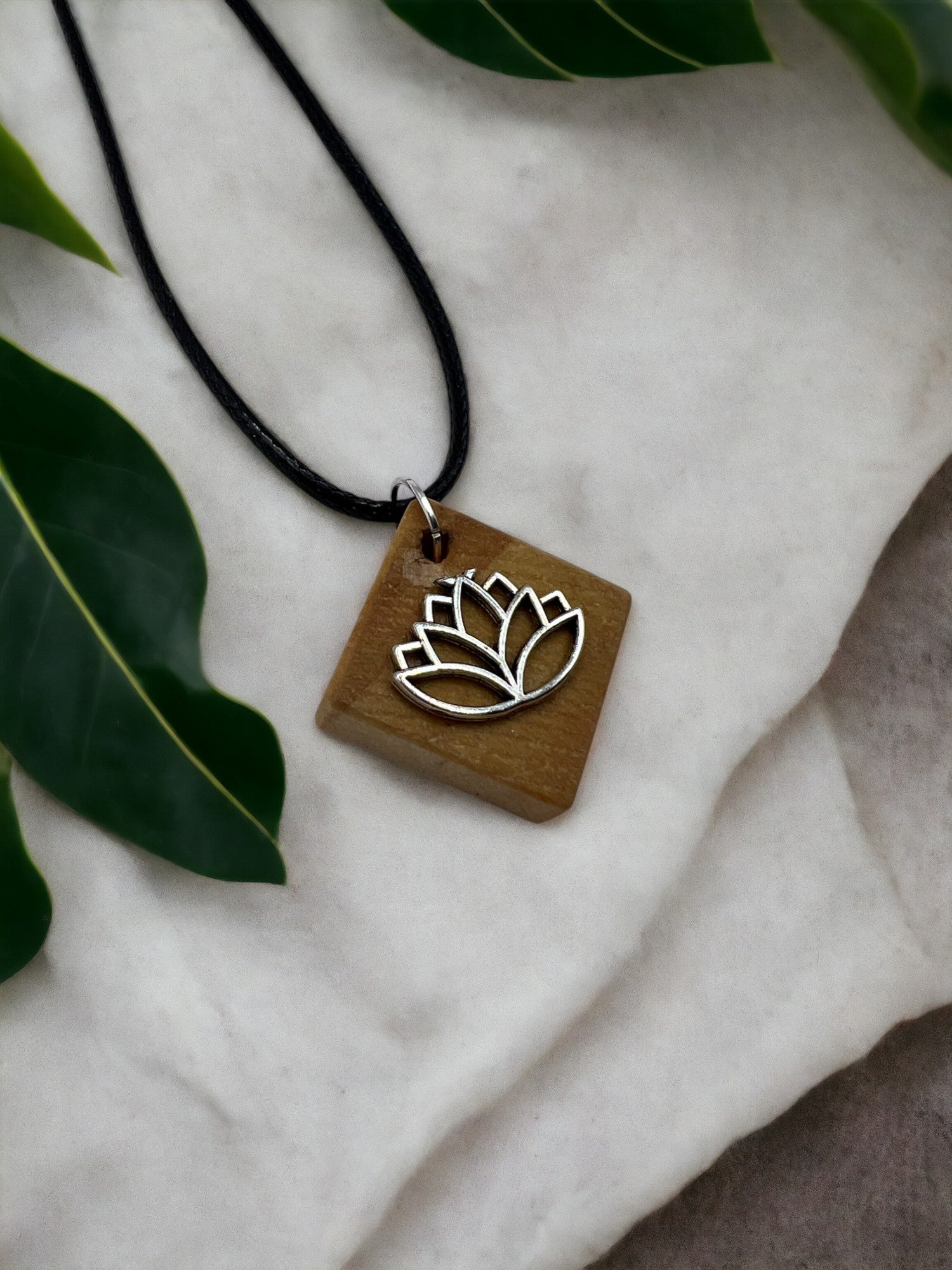 Square Wood Necklace with Lotus Flower Stainless Steel Charm 18" Adjustable Necklace