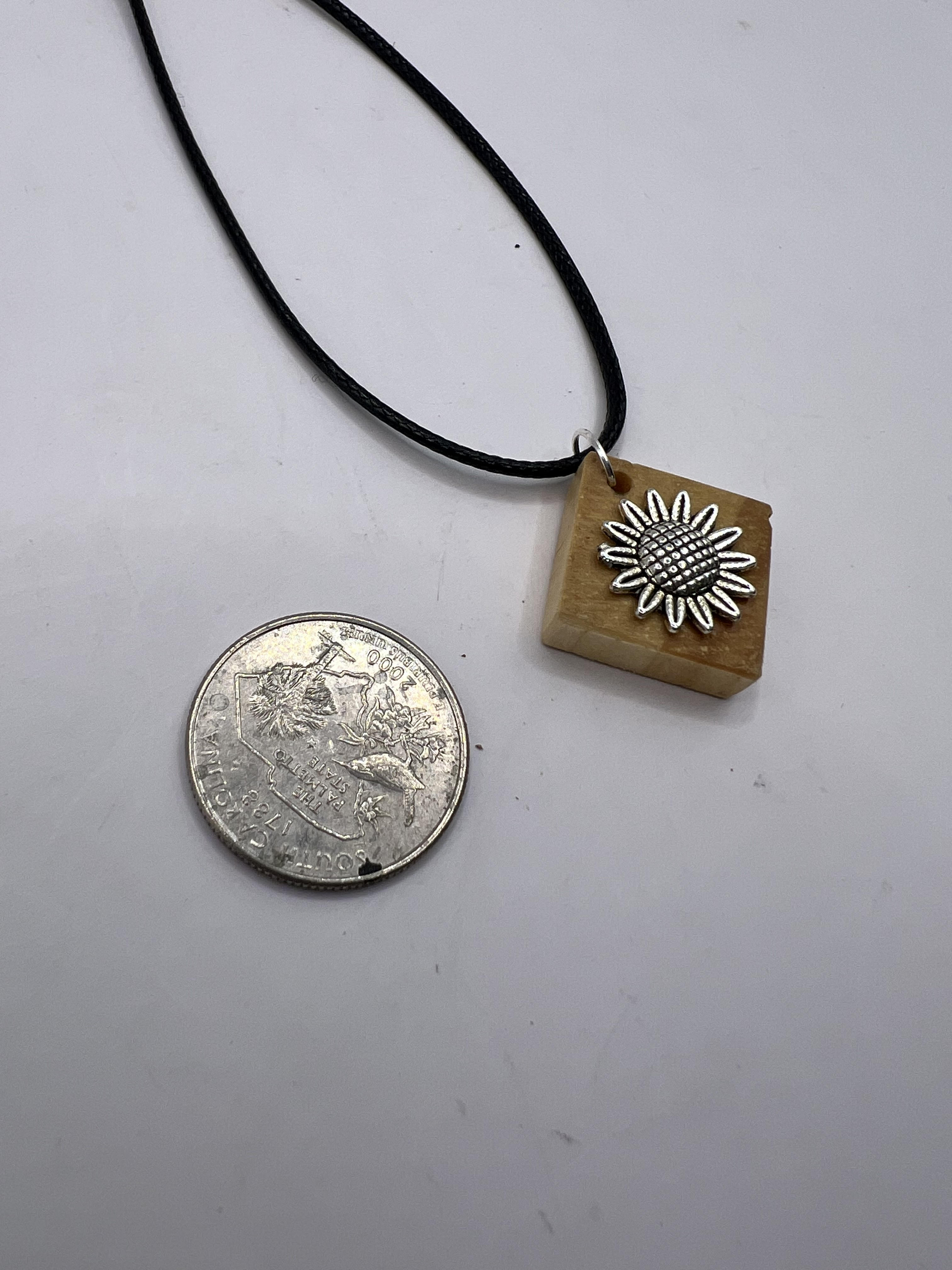 Square Wood Necklace With Stainless Steel Sunflower Charm 18" Adjustable Necklace