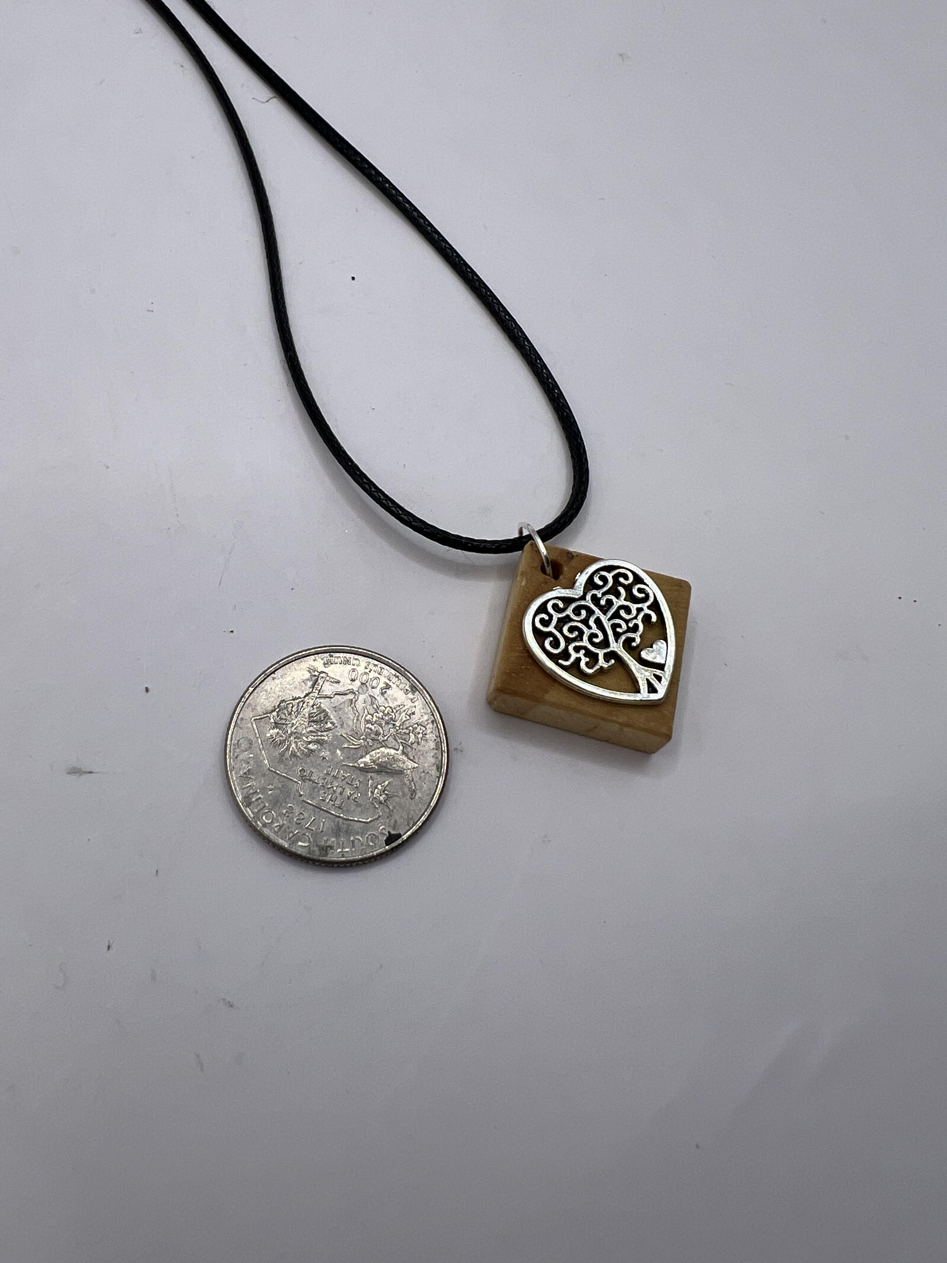 Square Wood Necklace With Tree Of Life Heart Stainless Steel Charm Comes W 18" Adjustable Necklace