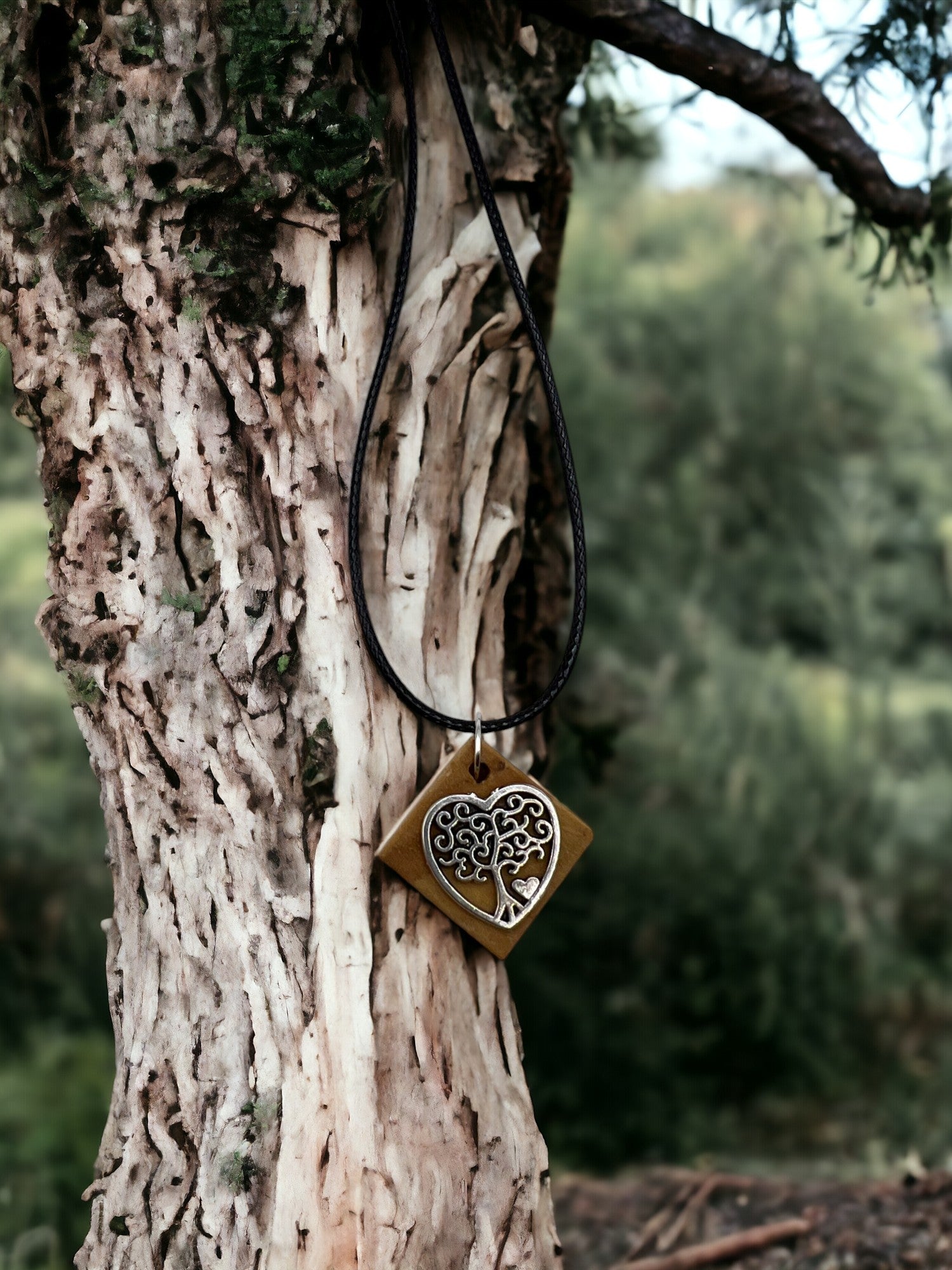 Square Wood Necklace With Tree Of Life Heart Stainless Steel Charm Comes W 18" Adjustable Necklace