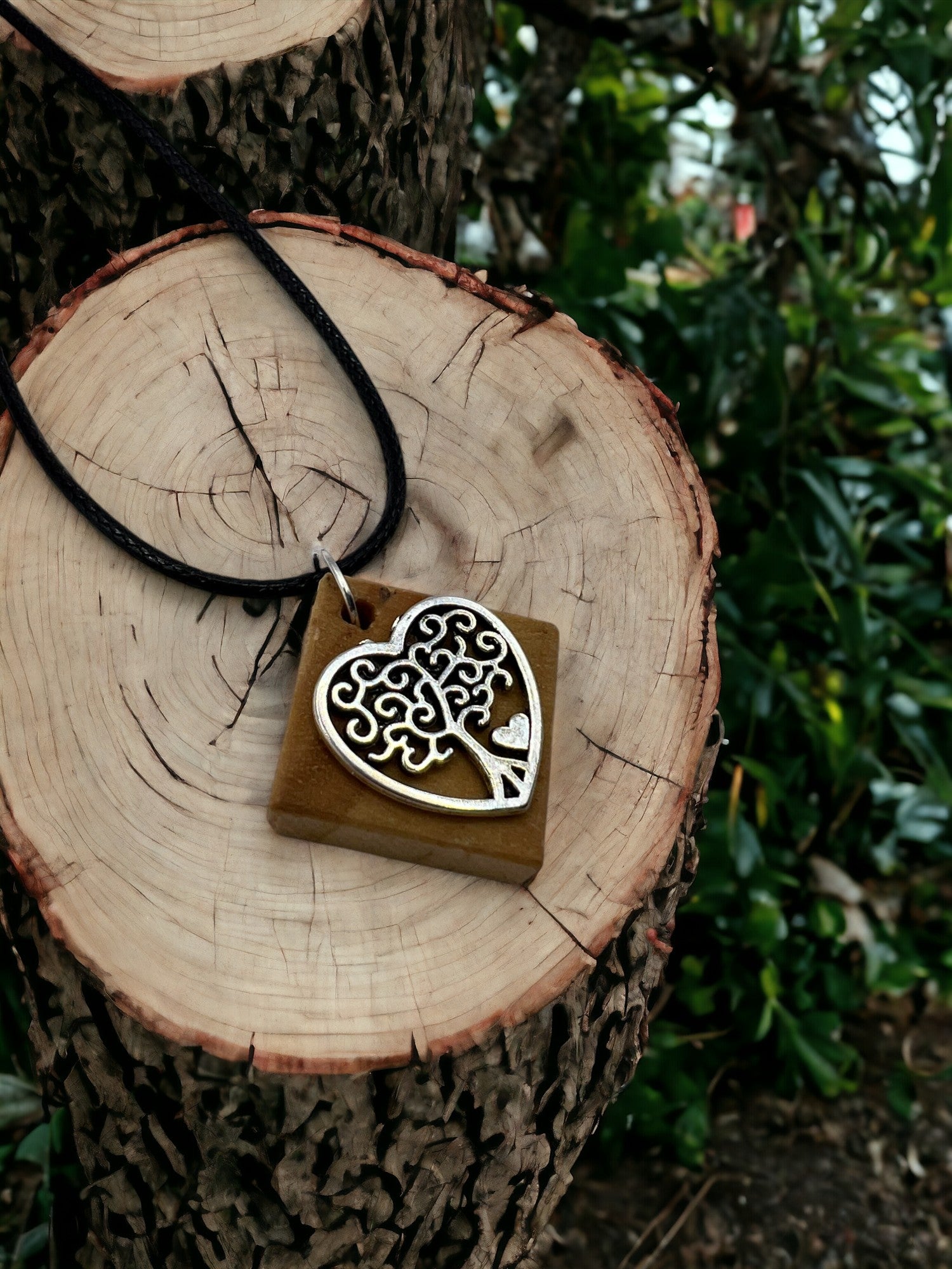 Square Wood Necklace With Tree Of Life Heart Stainless Steel Charm Comes W 18" Adjustable Necklace