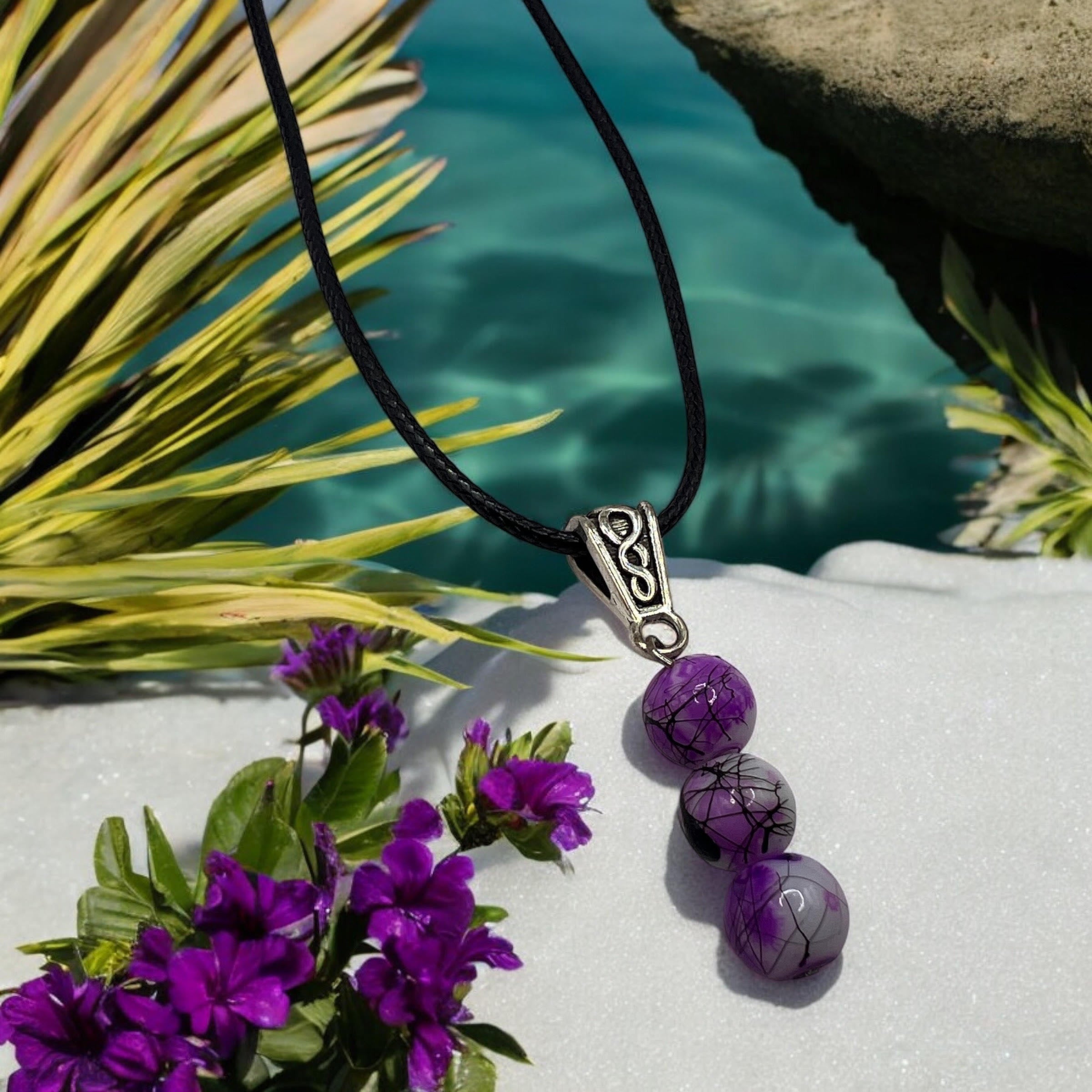 Purple And White Drop 3 Bead Necklace With 18" Adjustable Necklace