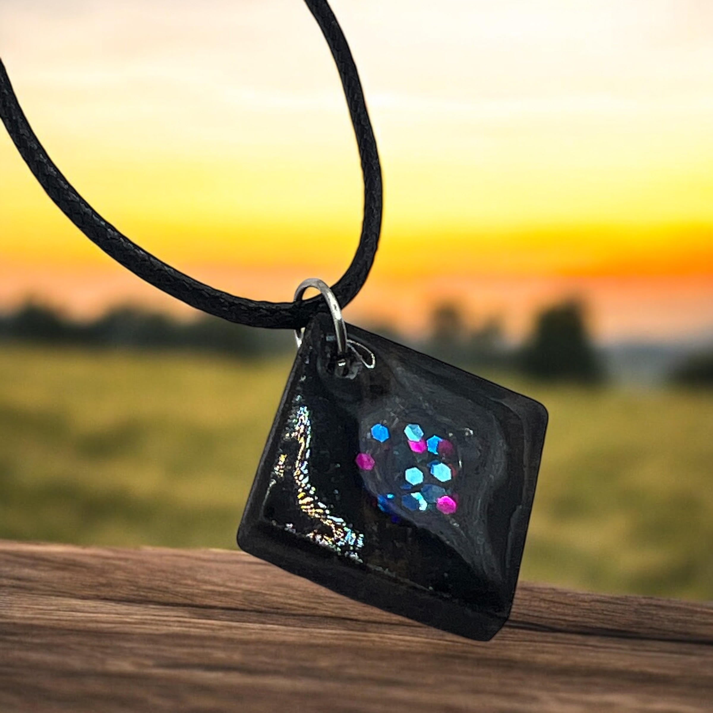 Square Poplar Wood Charm With Colored Resin Glitter Inlay Comes With 18" Adjustable Necklace