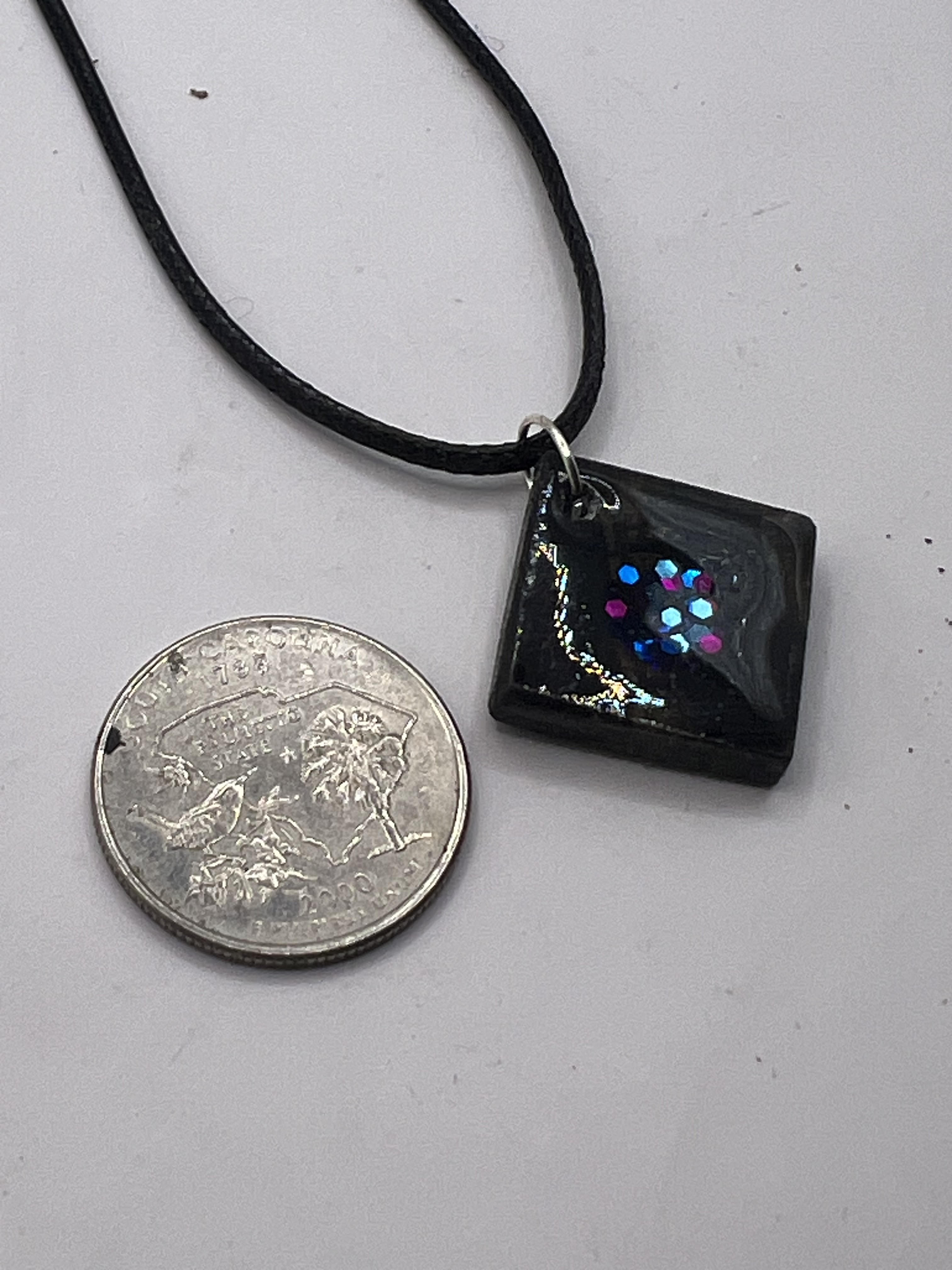 Square Poplar Wood Charm With Colored Resin Glitter Inlay Comes With 18" Adjustable Necklace