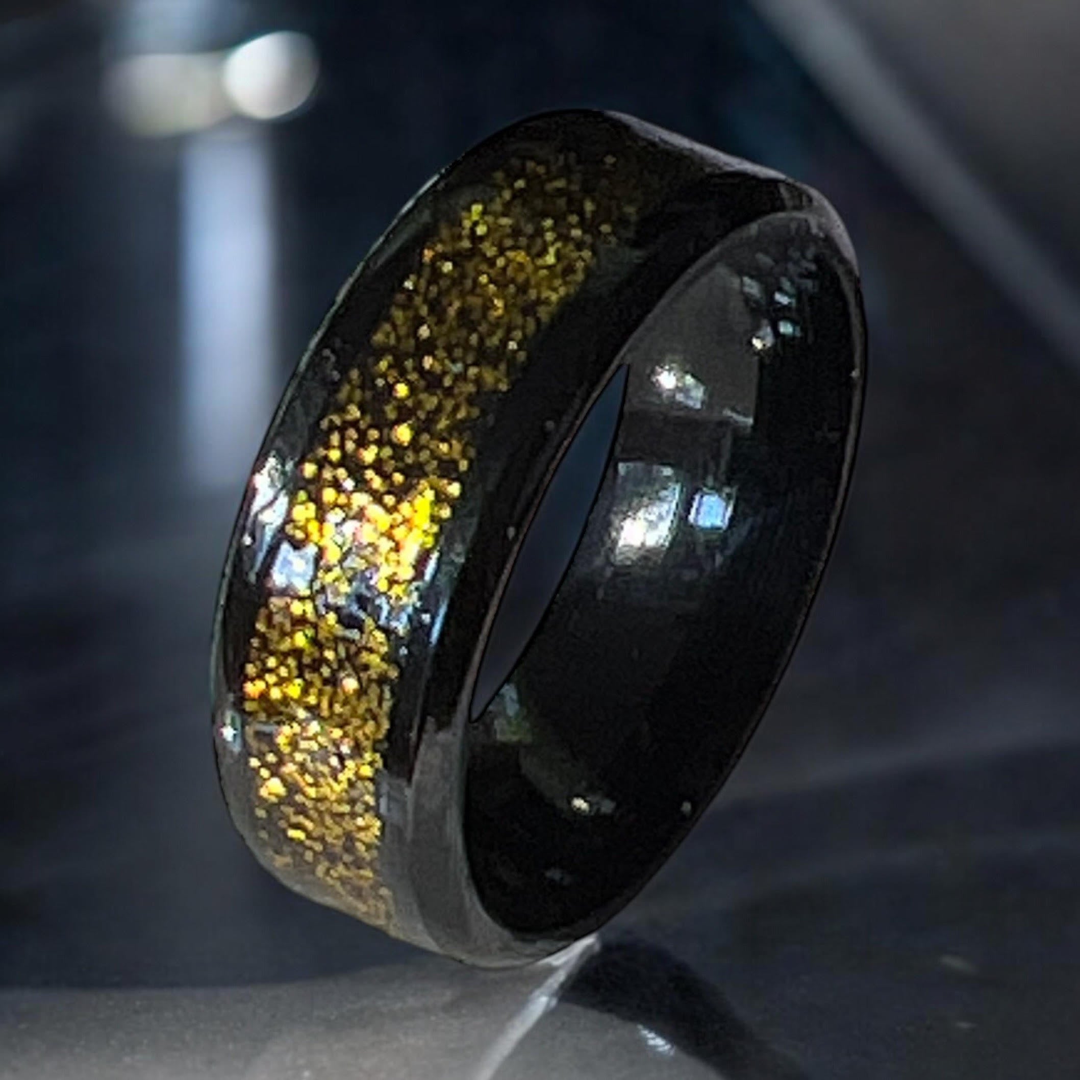 Gold Rush – Stainless Steel Ring With Black Polymer Clay Inlay And Gold Glitter