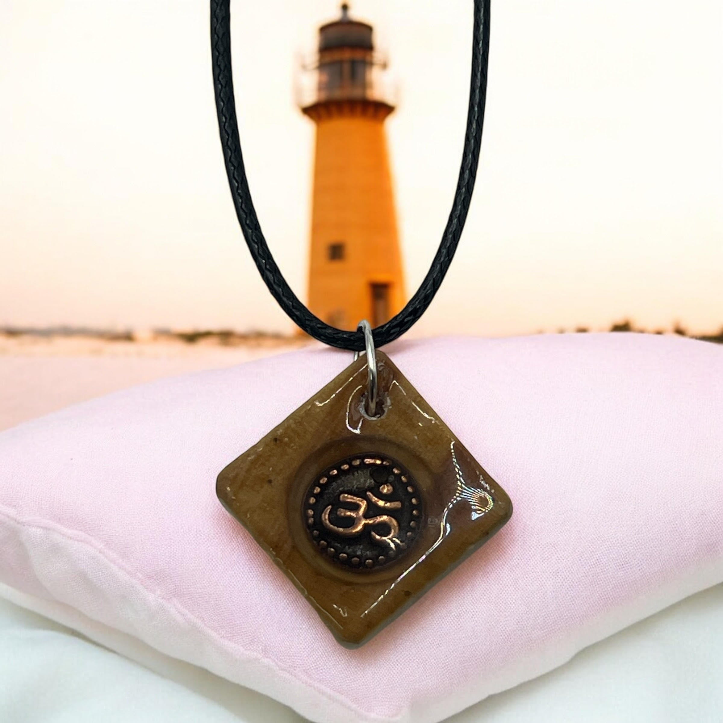 Wood square necklace with resign and Om symbol 18" adjustable necklace