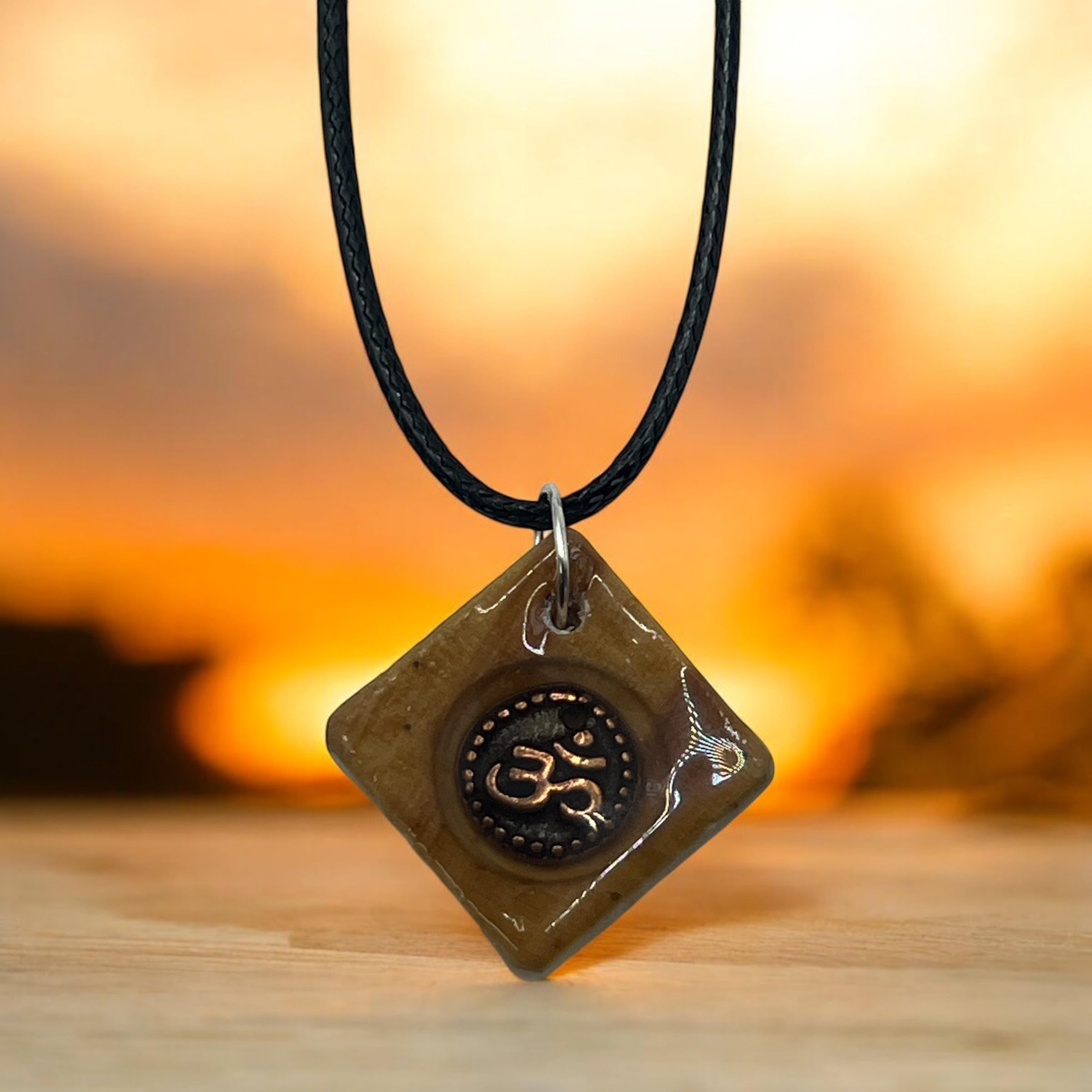 Wood square necklace with resign and Om symbol 18" adjustable necklace