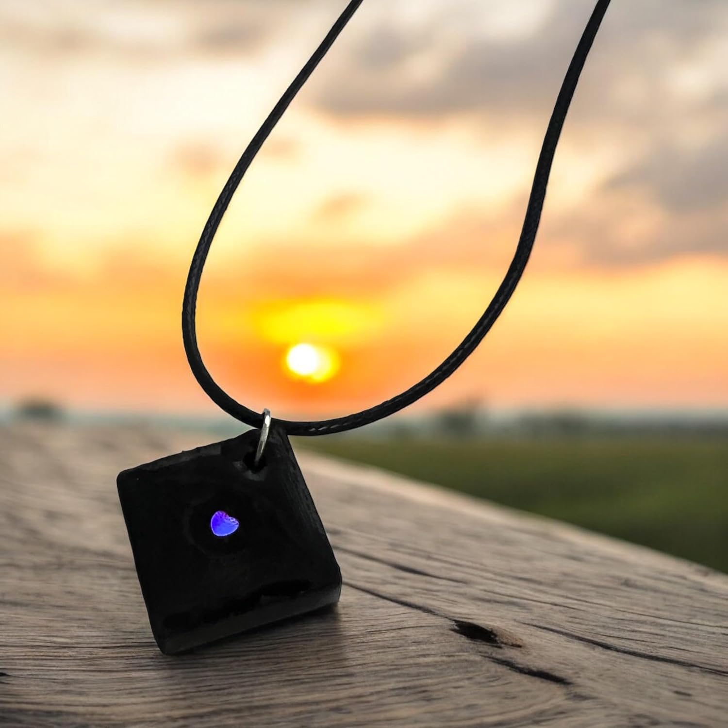 Square resin sealed wood necklace with heart shaped charm color changing with light ome with 18" adjustable necklace