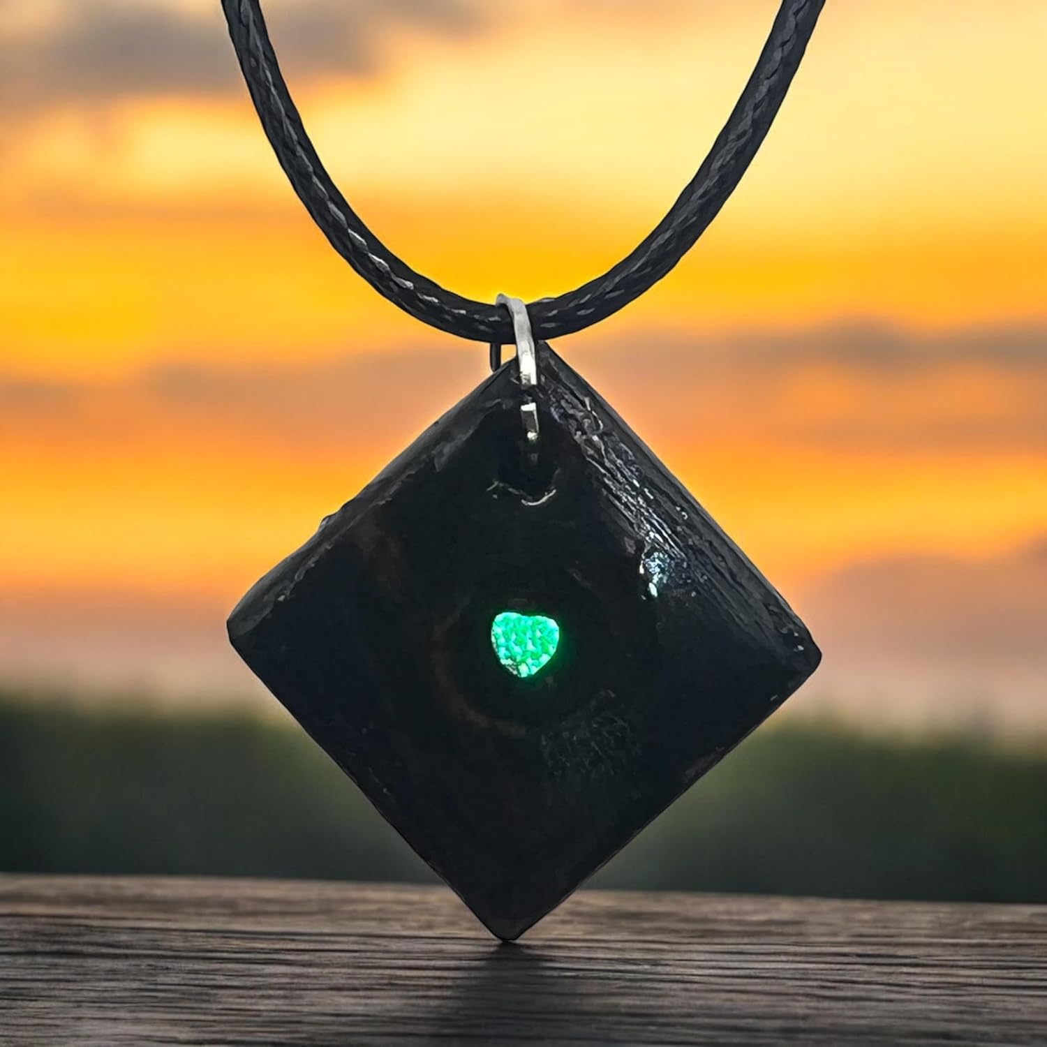 Square resin sealed wood necklace with heart shaped charm color changing with light ome with 18" adjustable necklace