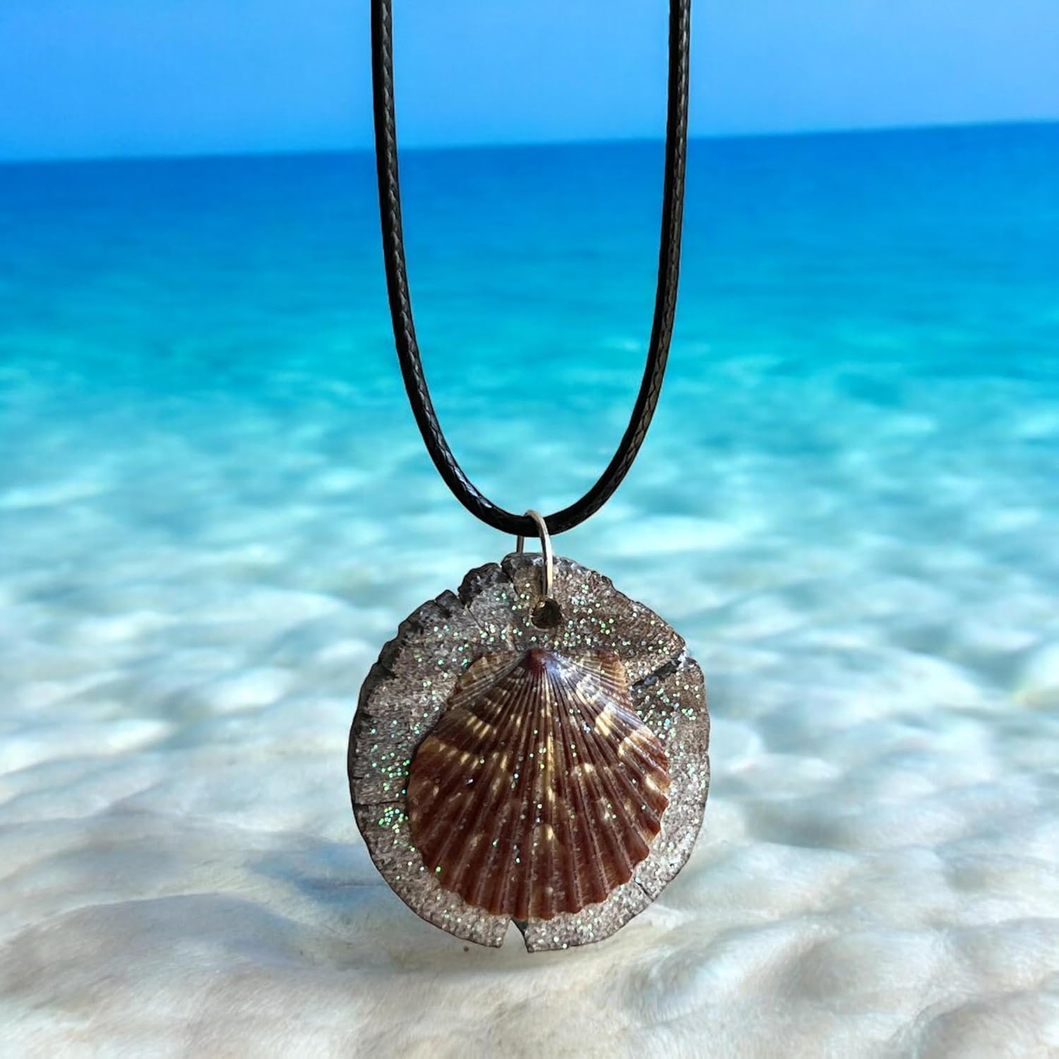 Driftwood Seashell Pendant Necklace, 1.5W x 1.5H inches, 18 inch Adjustable Leather Cord