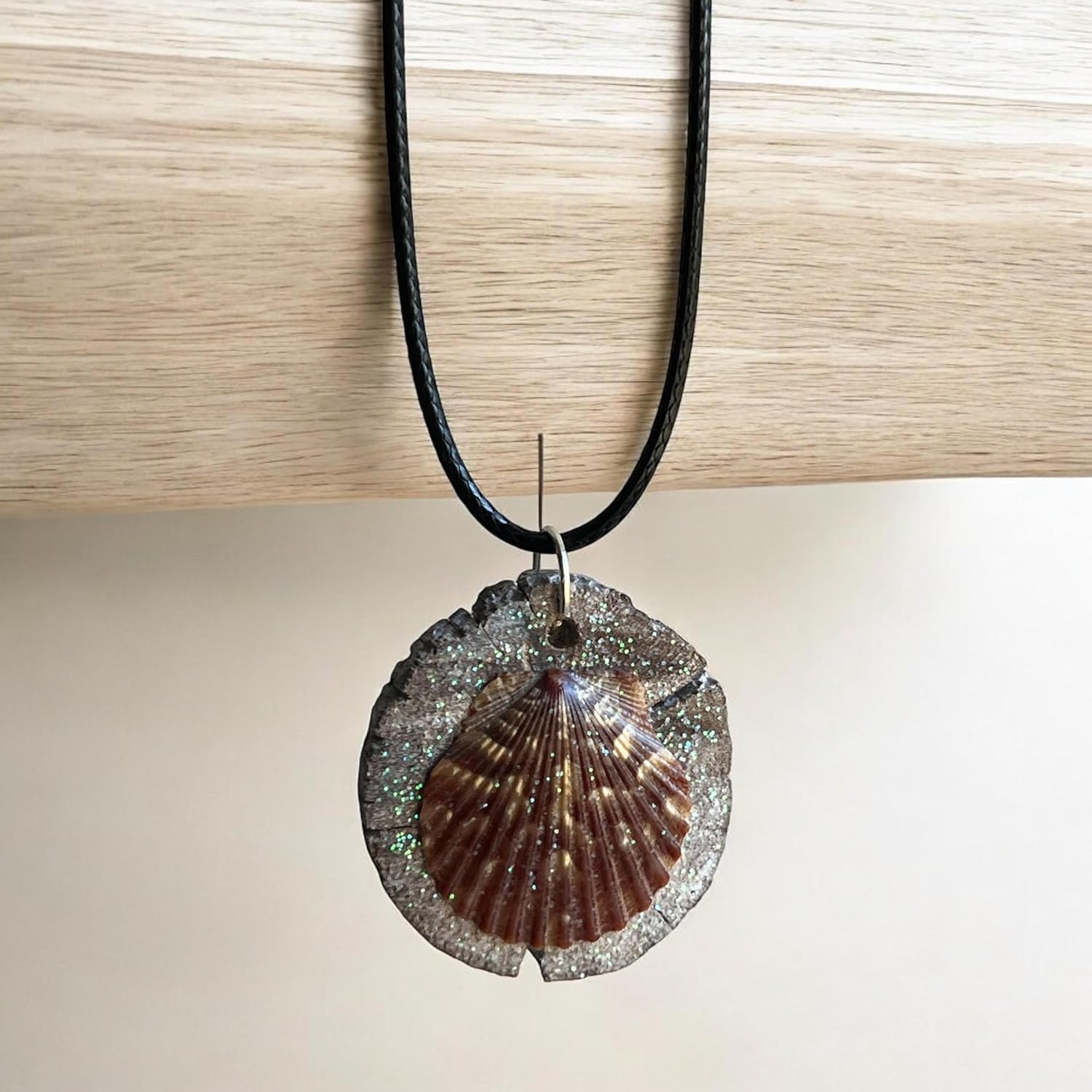 Driftwood Seashell Pendant Necklace, 1.5W x 1.5H inches, 18 inch Adjustable Leather Cord