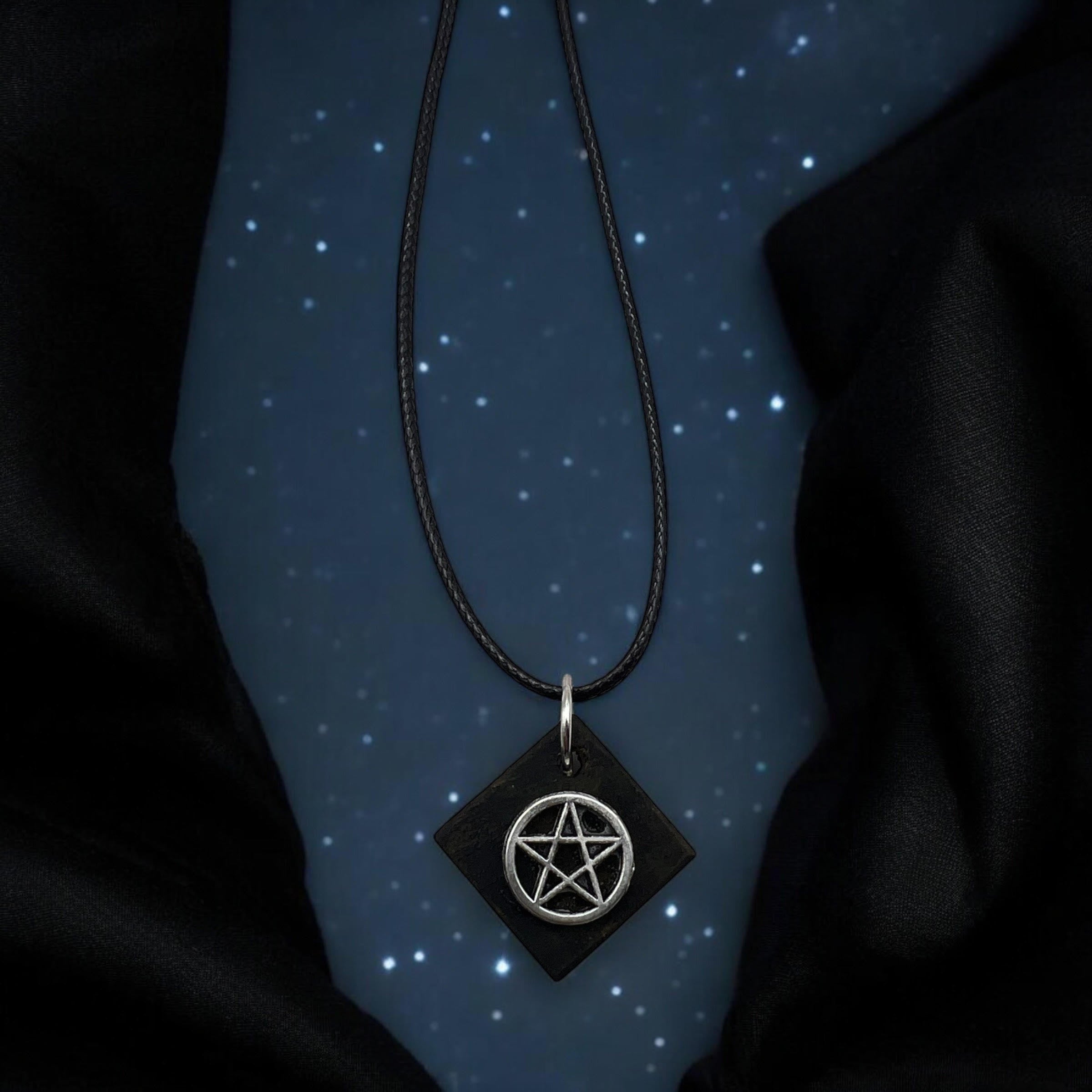Square Wood Necklace With Pentagram Charm With 18" Adjustable Necklace