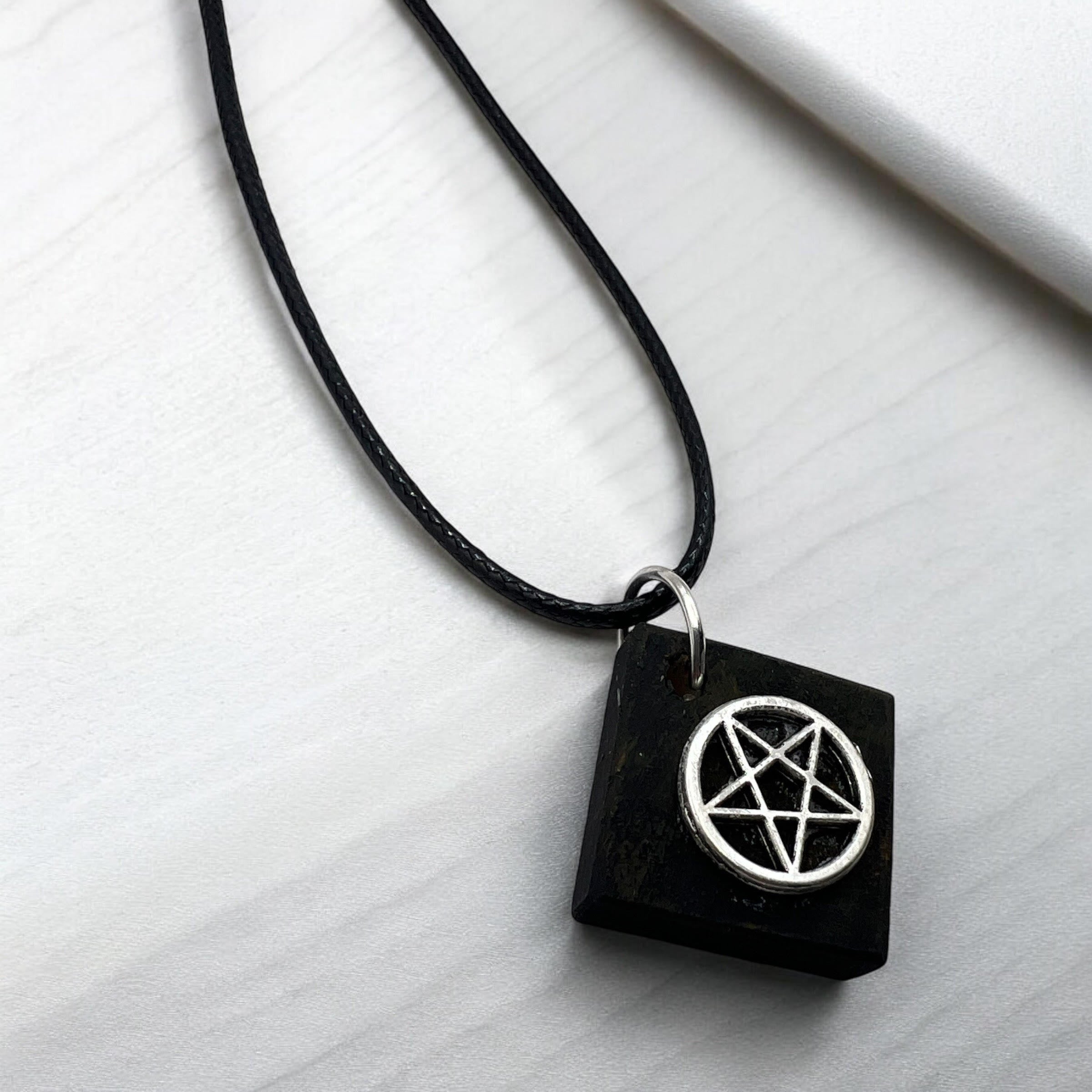 Square Wood Necklace With Pentagram Charm With 18" Adjustable Necklace