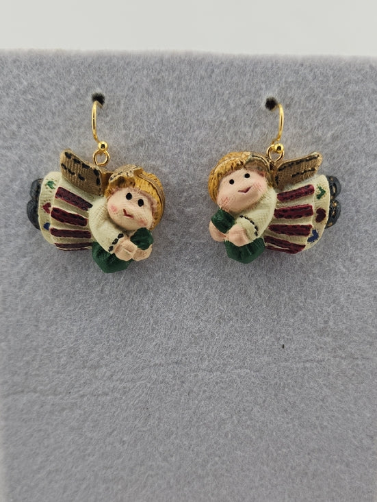 Handcrafted Angel Drop Earrings in Cream, Green & Gold