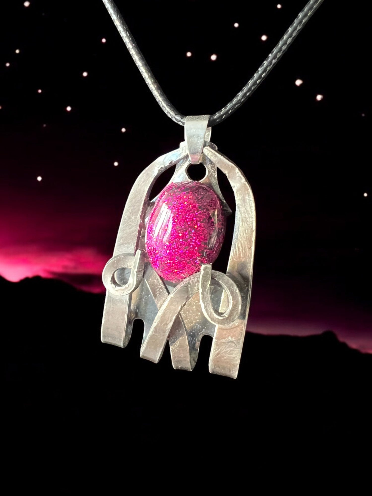 Handcrafted Stainless Steel Necklace With Resin Pink Glitter Stone Comes With 18" Adjustable Necklace