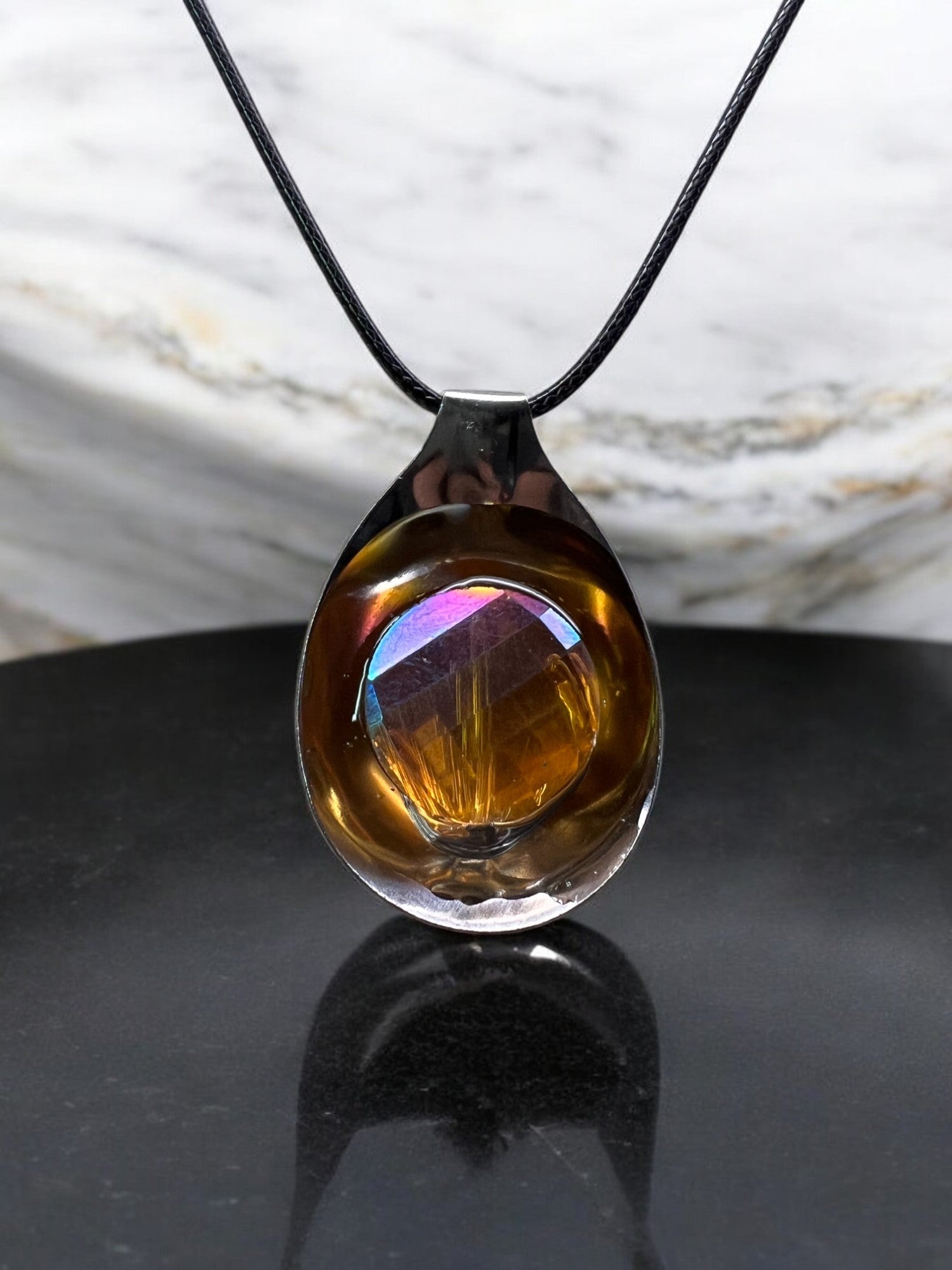 Amber Orange And Iridescent Colors Spoon Necklace