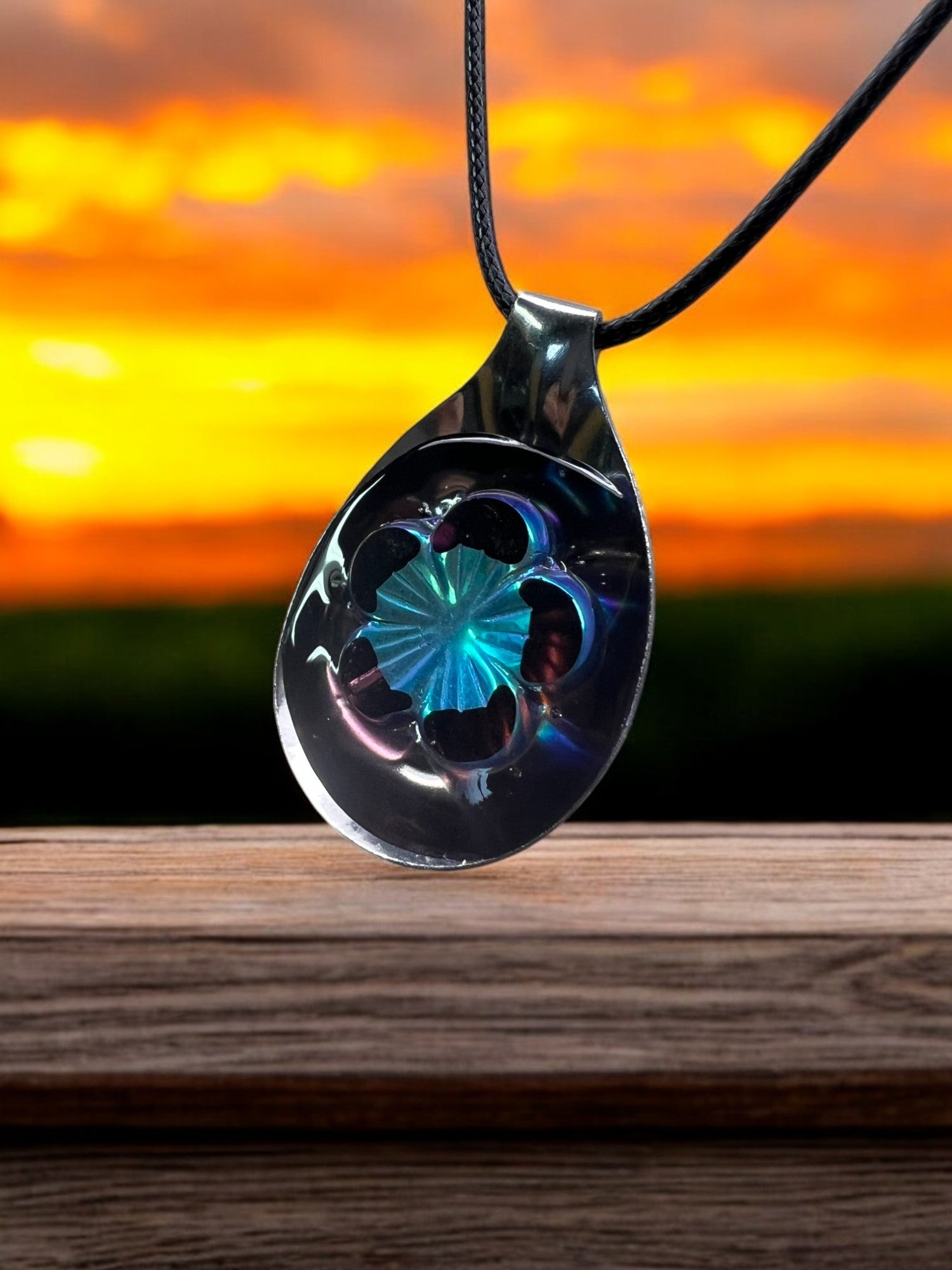 Multi-Colored Stylized Glass Flower With 18" Adjustable cord Necklace