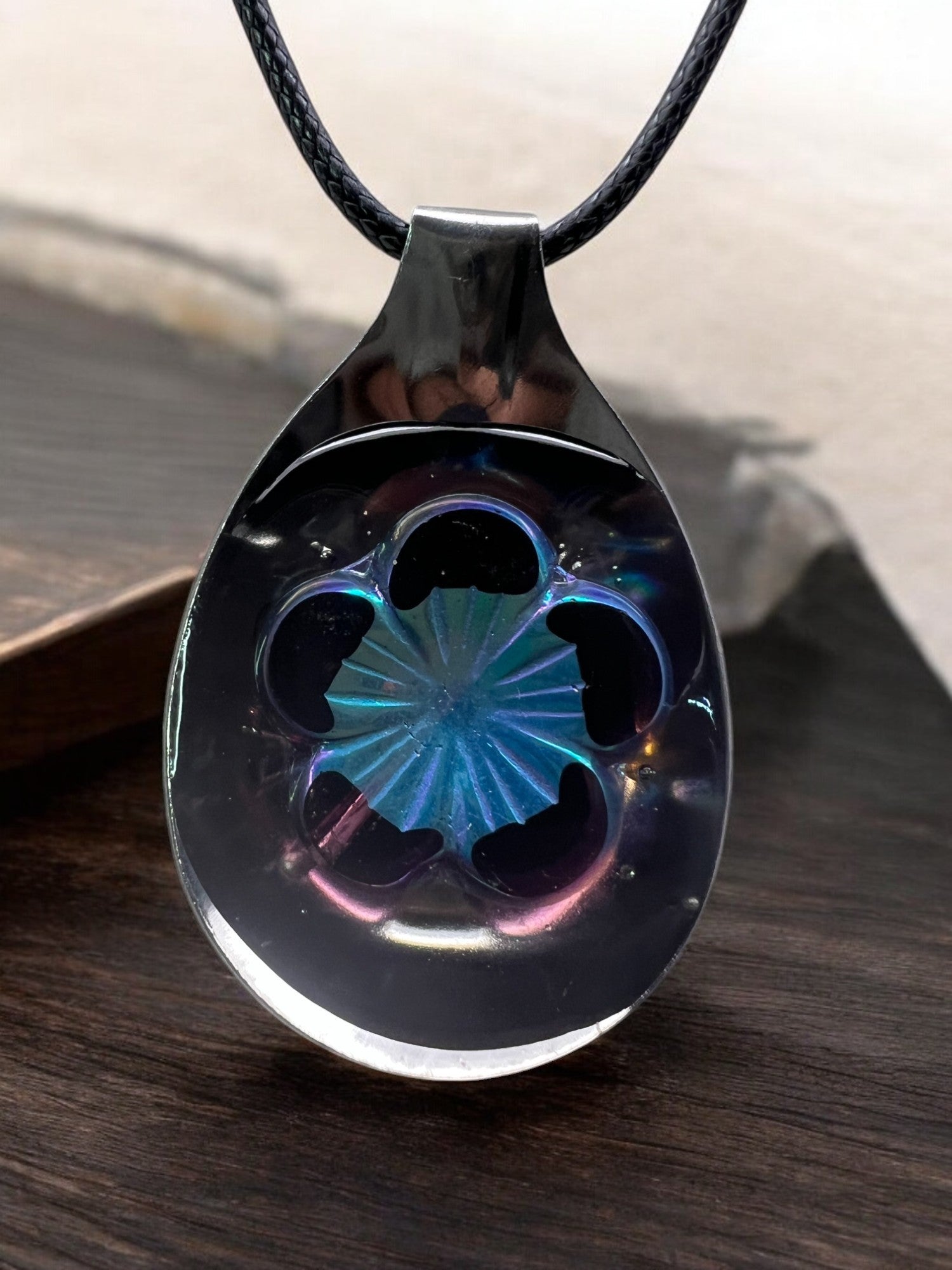 Multi-Colored Stylized Glass Flower With 18" Adjustable cord Necklace