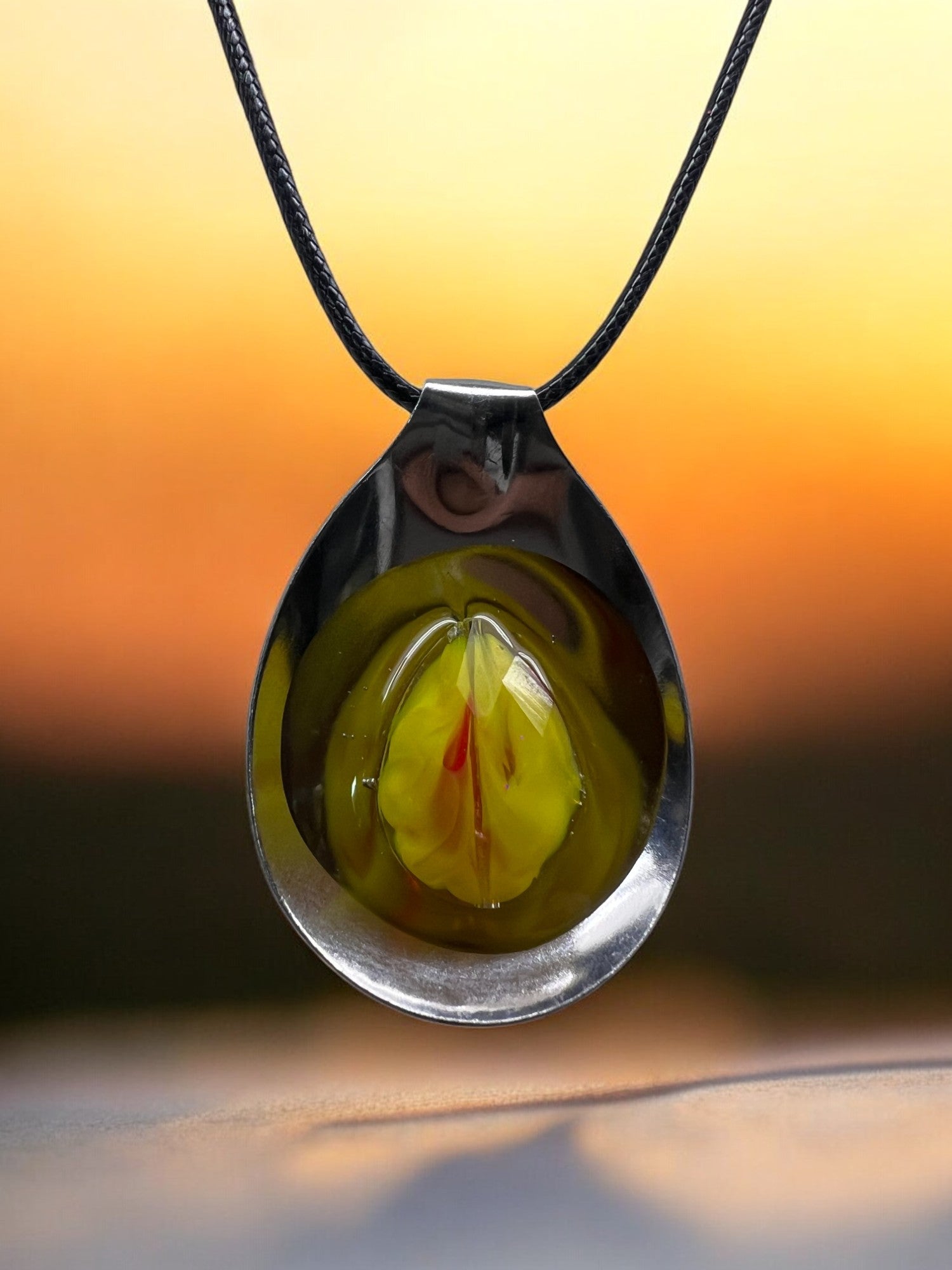 Spoon Pendant With Yellow Decorative Stone With 18" Adjustable Necklace