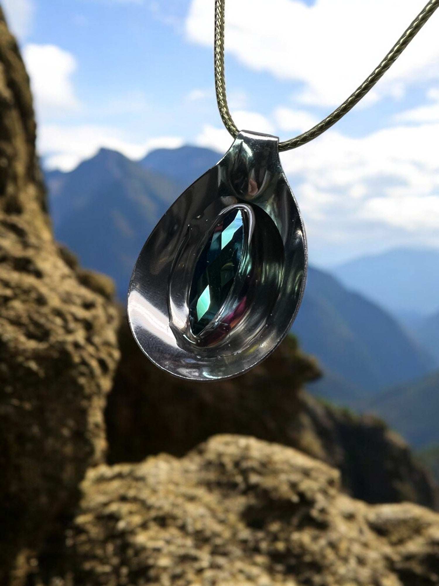 Spoon Pendant With Green Decorative Stone With 18"Adjustable Necklace