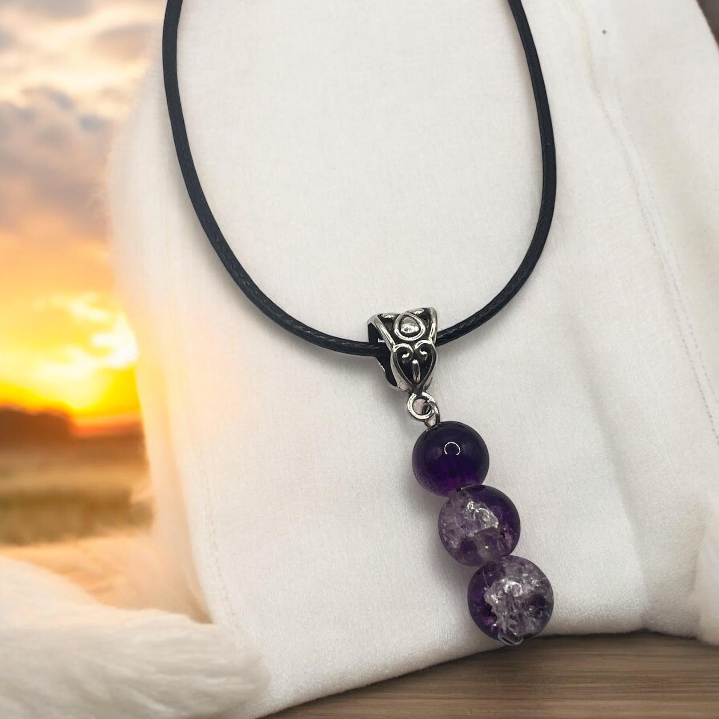 Purple 3-bead necklace with an 18-inch adjustable chain