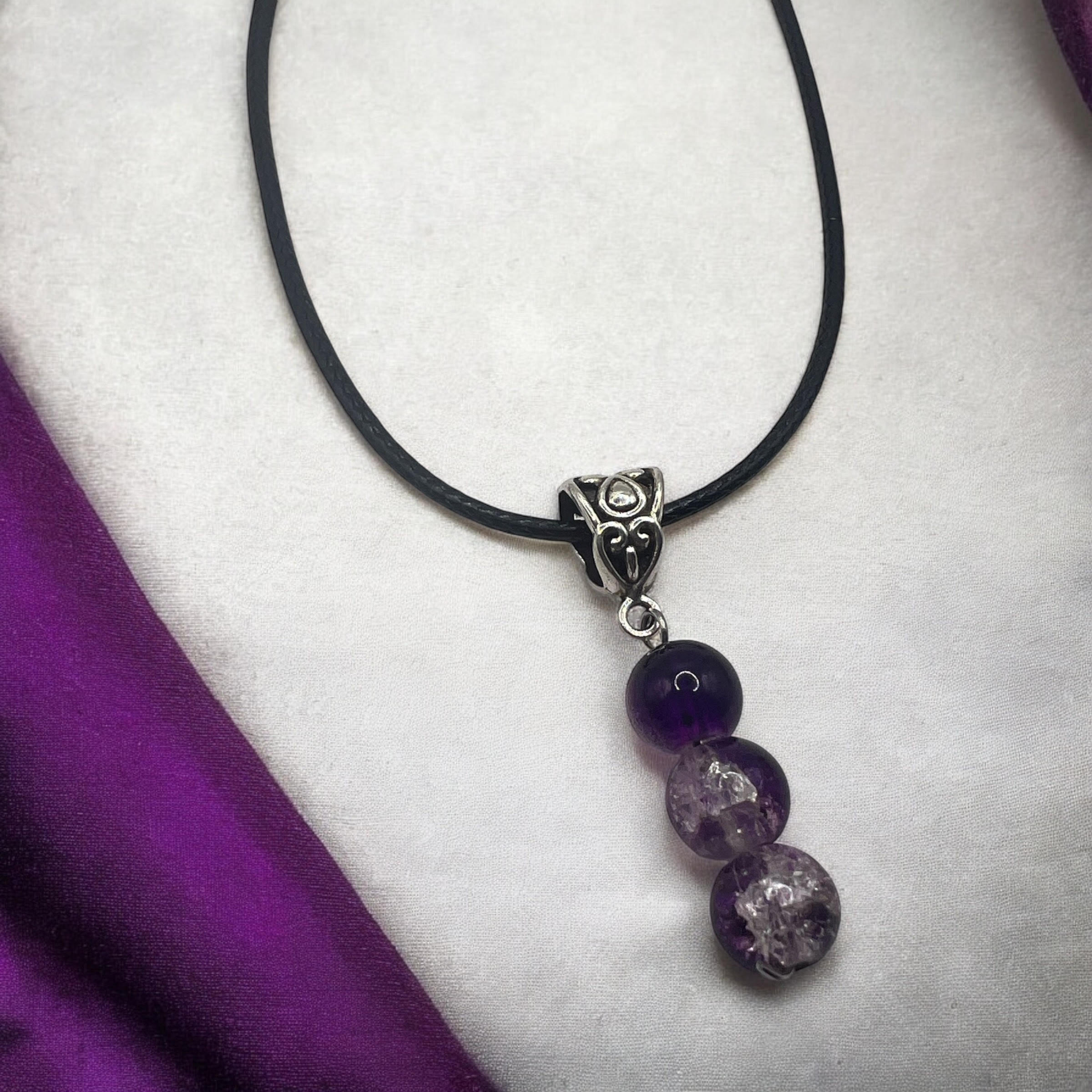 Purple 3-bead necklace with an 18-inch adjustable chain