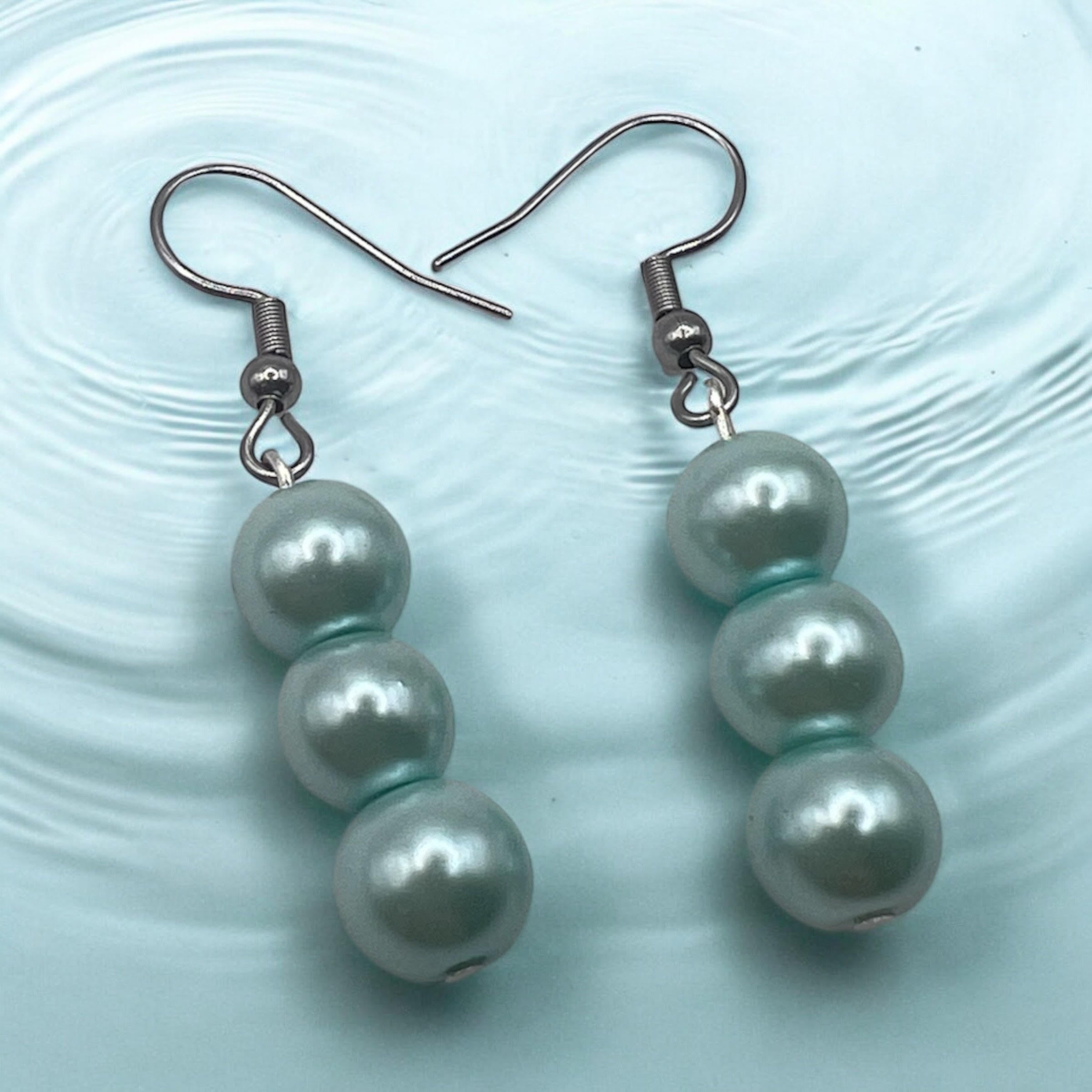 3 Bead Pastel Green Sea Foam Earrings