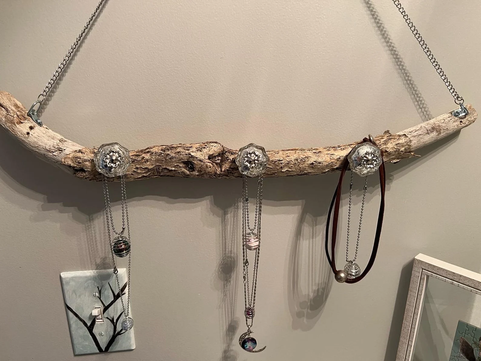 Driftwood Necklace Jewelry Hanger With Glass Knobs From India