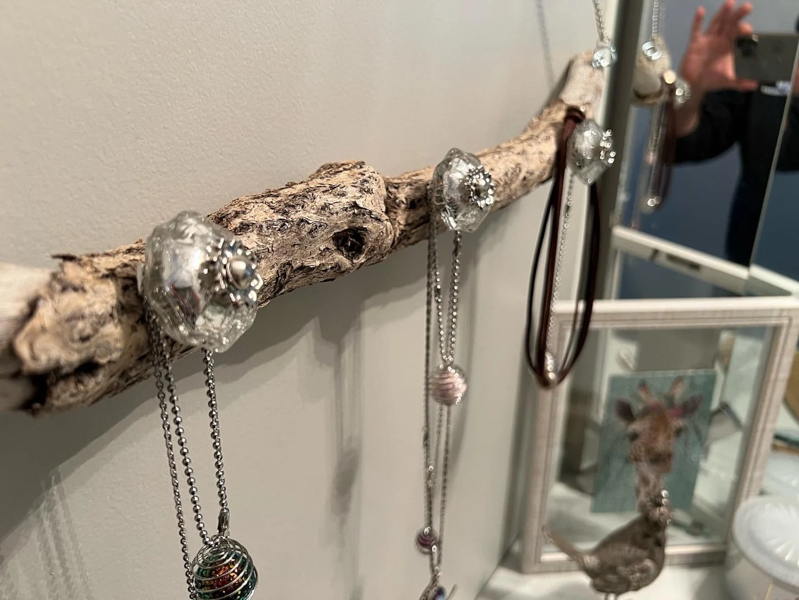 Driftwood Necklace Jewelry Hanger With Glass Knobs From India