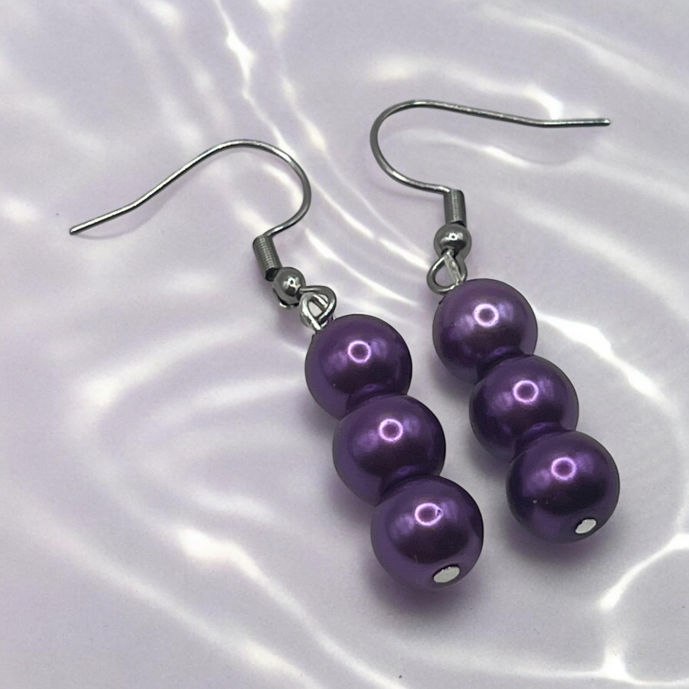 3 Bead Drop Purple Earrings