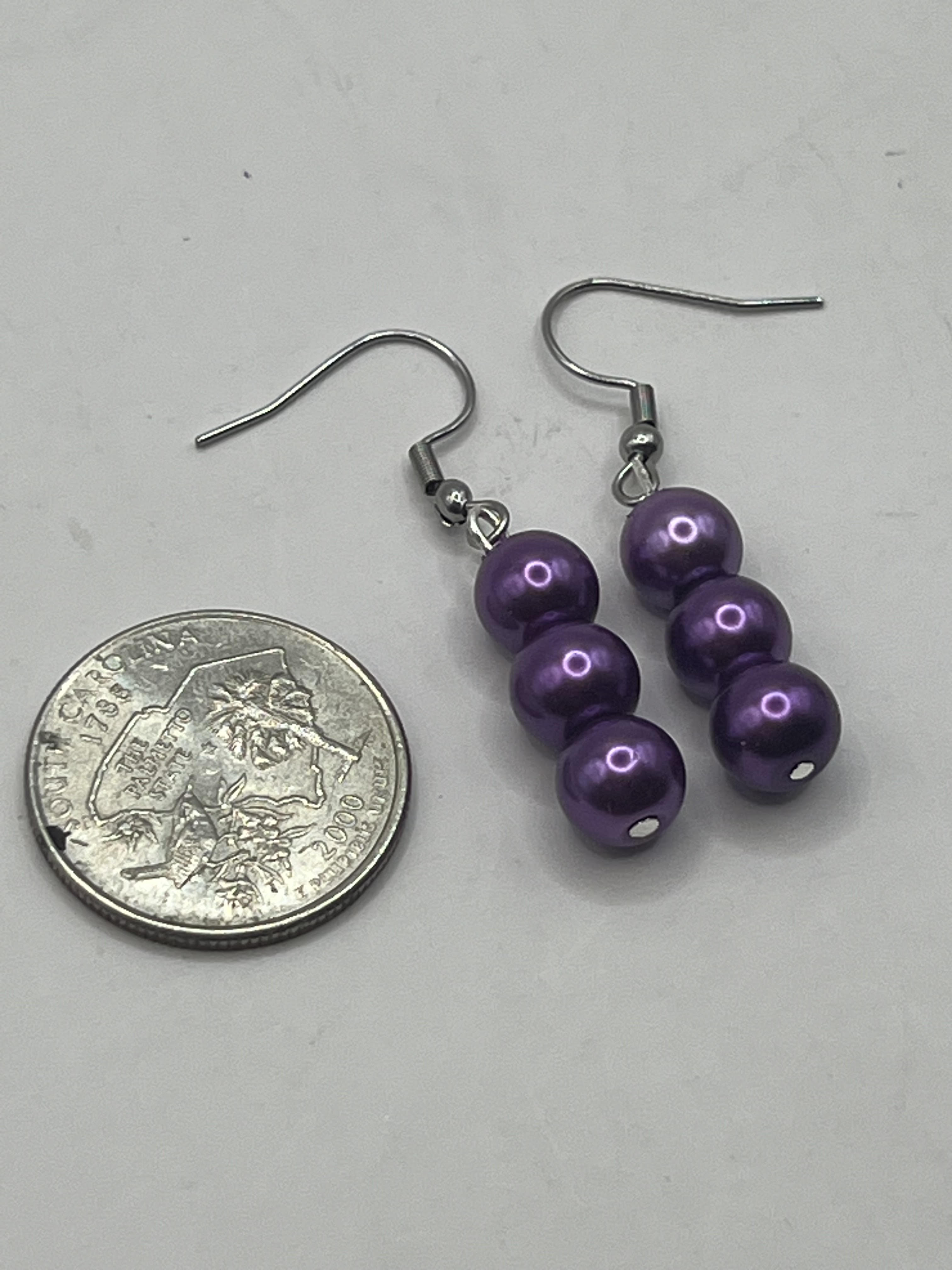 3 Bead Drop Purple Earrings